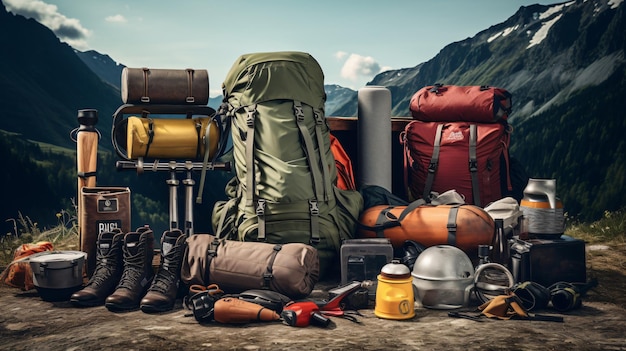 Photo essential gear for wilderness mountain hiking camping