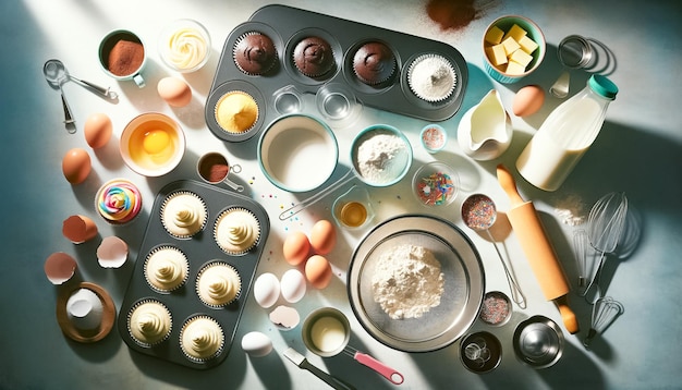 Photo essential ingredients and tools for cupcake baking laid out