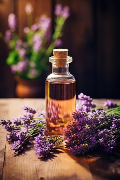 Olio essenziale di lavanda e fiori su legno da tavola