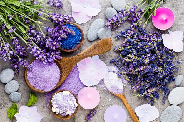 Essential lavender salt with flowers