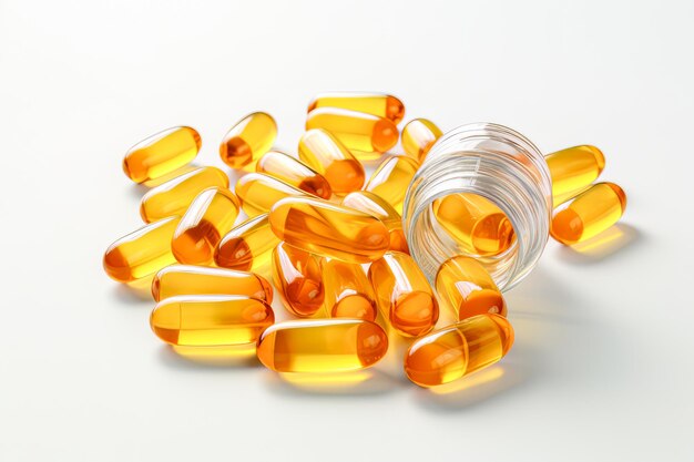 Essential nutrients in the form of yellow capsules showcased on a pale surface