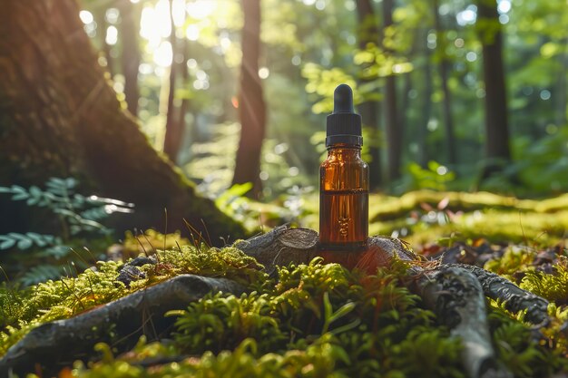 Foto una bottiglia di olio essenziale con un tappo gocciolante sul pavimento della foresta generata dall'ai