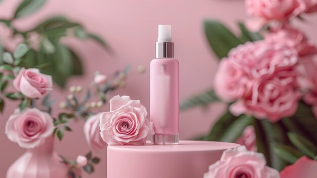 Essential oil bottle with dropper and roses on a pastel podium