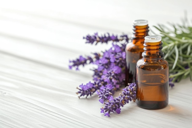 Essential oil bottles and lavender bouquet on wooden background