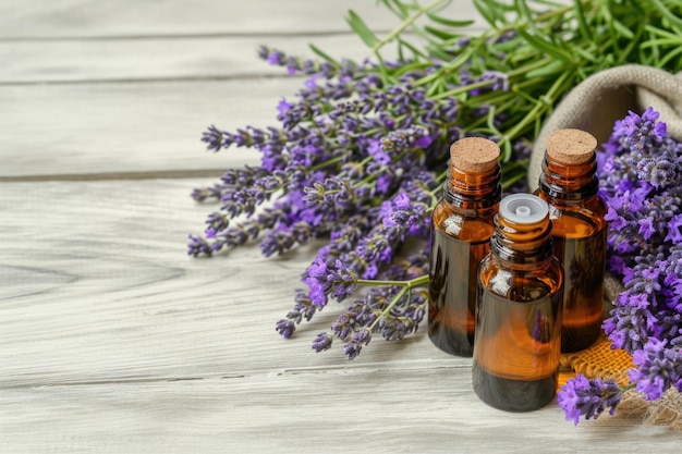 Essential oil bottles and lavender bouquet on wooden background