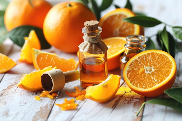 Essential oil bottles and orange slices on table