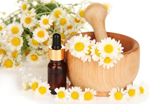 Essential oil and chamomile flowers in mortar close up