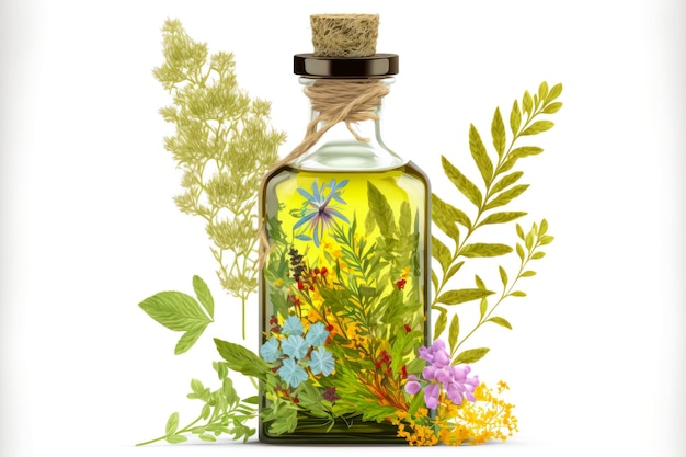 Essential oil collected in bottle of herbs and flowers on white background