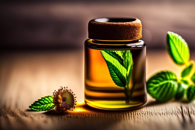 Essential oil extract of medicinal herbs in a small glass bottle Peppermint Selective focus