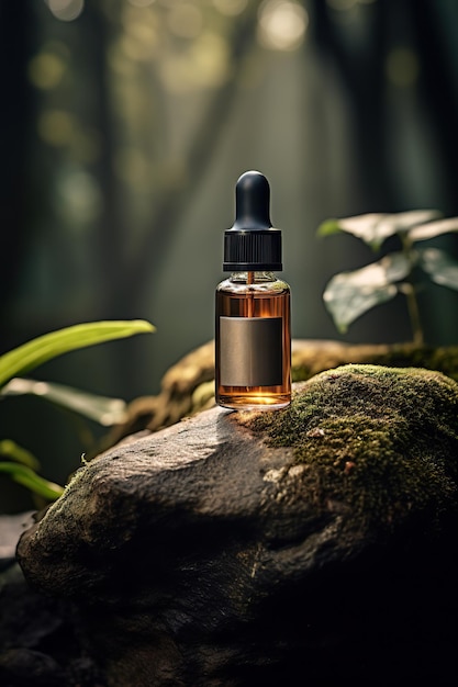 Essential oil in glass bottle on stone with green leaves background