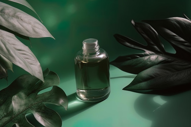 Essential oil product presentation mockup with leaves and green background