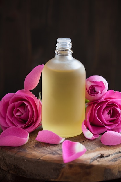 Essential oil and rose flowers aromatherapy spa perfumery