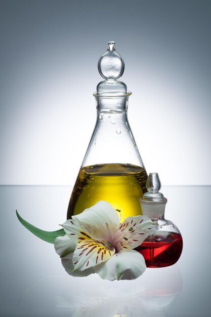 Essential oil and scent  in transparent bottles and white flower on gray background with vignetting