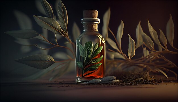 Essential oil in a small bottle on a dark backgroundgenerative ai