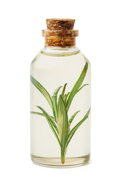 Essential oil in a small bottle with green leaf on white background, close up