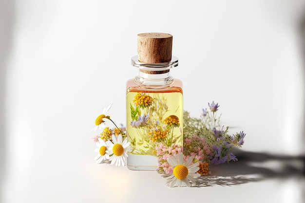Essential oil with wildflowers in transparent bottle with cork