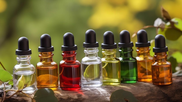 Essential Oils Against Green Foliage Backdrop