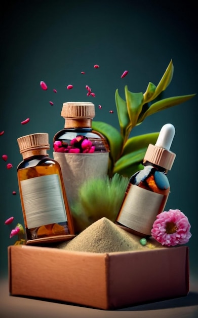 Photo essential oils in a box with rose petals