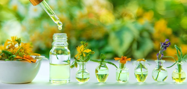 Essential oils and herbal extracts in small bottles. Selective focus. nature.