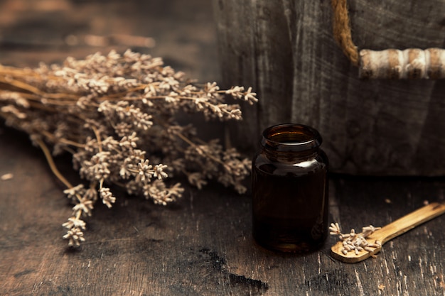 Essential oils and lavender on wooden table. lavender spa, Wellness with lavender