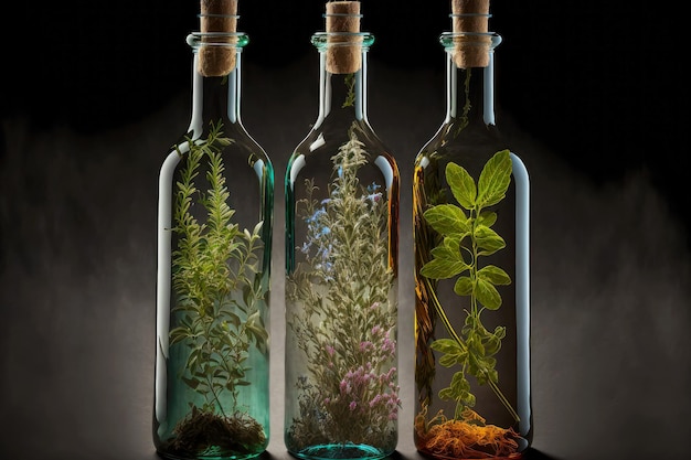 Essential oils with herbs in high transparent bottles on black background