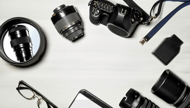 Essential Tools for Capturing Moments Top View of Photography Accessories with Copy Space