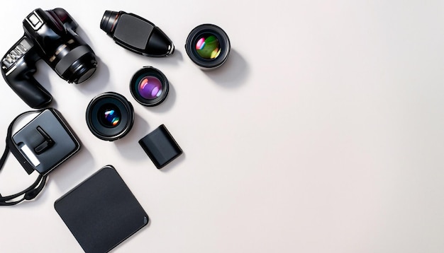 Foto strumenti essenziali per catturare momenti vista dall'alto degli accessori fotografici con spazio per la copia