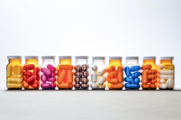 Essential vitamins and painkillers neatly arranged showcasing medical essentials for wellbeing against a clinical backdrop