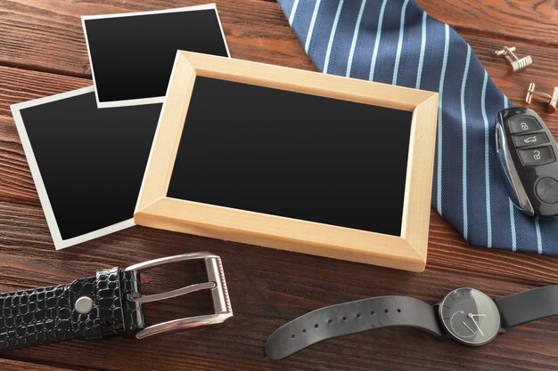 Essentials fashion man objects on wooden surface