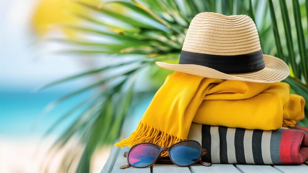 Essentials voor de vakantie Strohoed dekens en zonnebril Palmbomen en zonneschijn Generatieve AI
