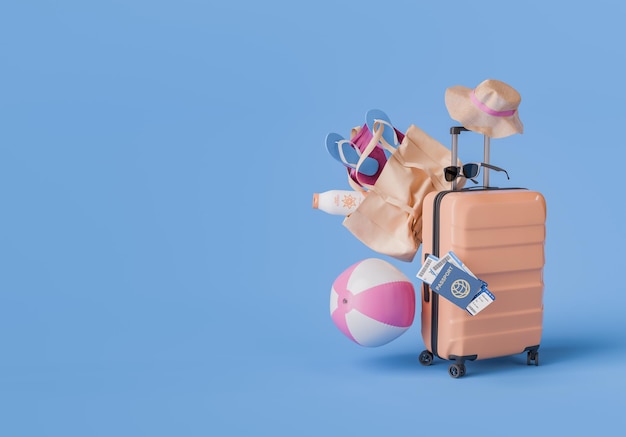 Essentials voor de zomervakantie met bagage en strandaccessoires op blauwe achtergrond