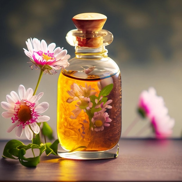 Essentie van bloemen op tafel in een mooie glazen fles.