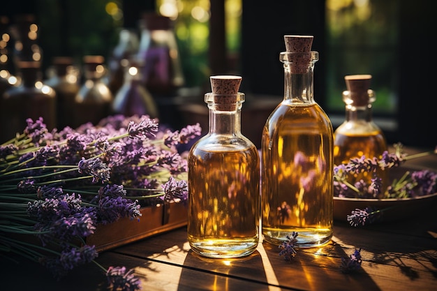 Essentiële aromatische olie en lavendelbloemen natuurlijke remedies aromatherapie