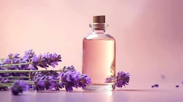 Essentiële lavendelolie in een glazen fles met verse lavendelbloemen op een roze achtergrond Generatieve AI