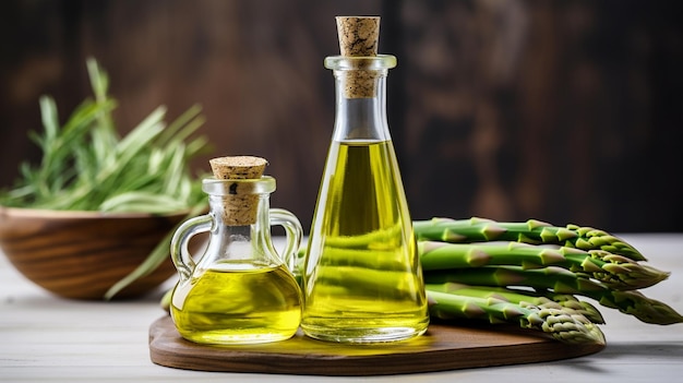 essentiële olie van asperges op een houten tafel