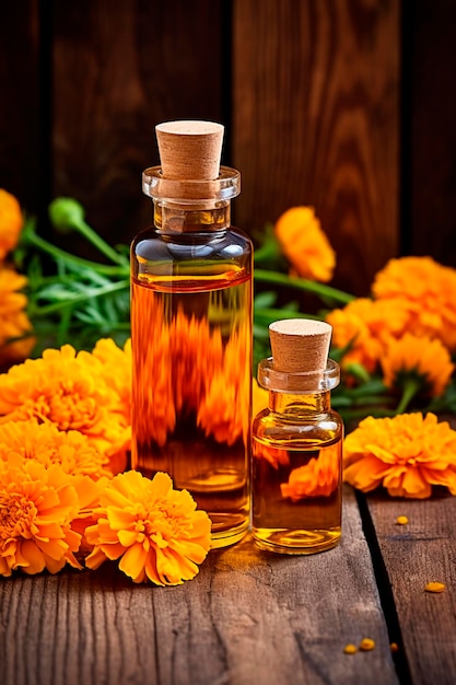 Essentiële olie van marigold in een fles Generative AI Spa
