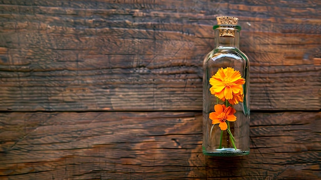 Essentiële olie van marigold in een fles Selectieve focus