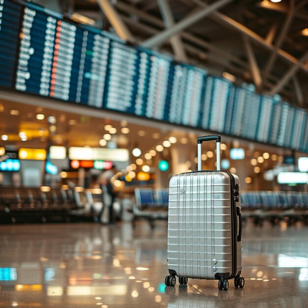 Essentiële reiskosten Trolley koffer op de internationale luchthaven met informatiebord Voor sociale media