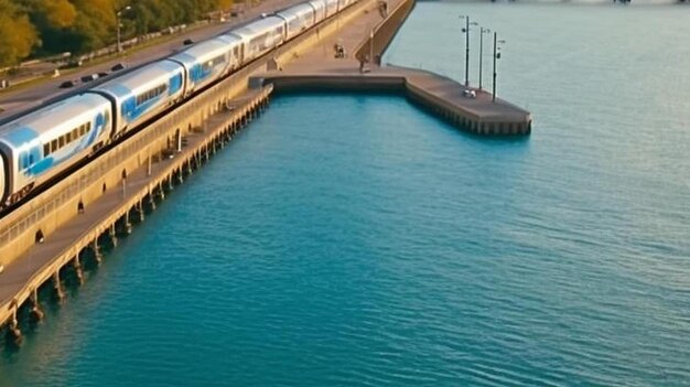 Establishing aerial drone footage of the chicago downtown train over the lake water during sunset