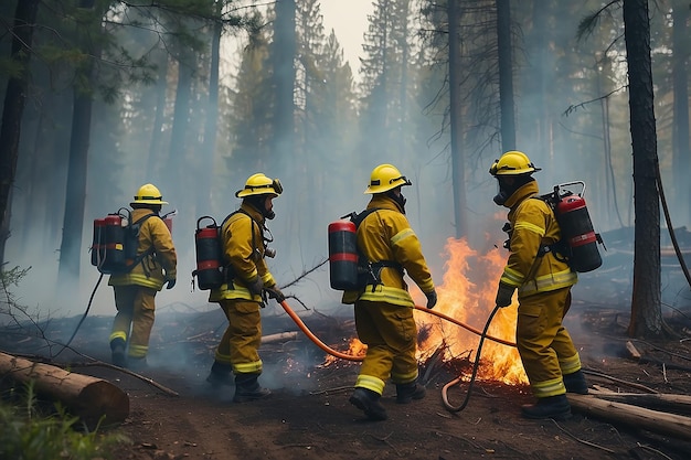 Photo establishing shot team of firefighters in safety uniform and helmets extinguishing a wildland fire