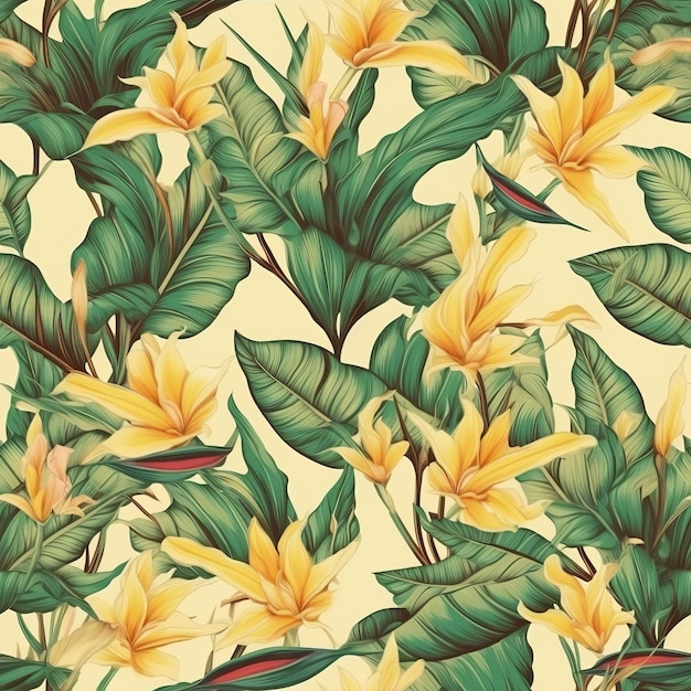 Establishment with green palm takes off feathered animal of paradise and plumeria in cheerful unfaltering organize on light yellow establishment Seamless pattern AI Generated