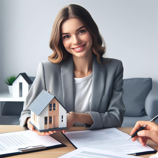 Estate agent businesswoman holding a house while customer signs the contract Concept of real estat