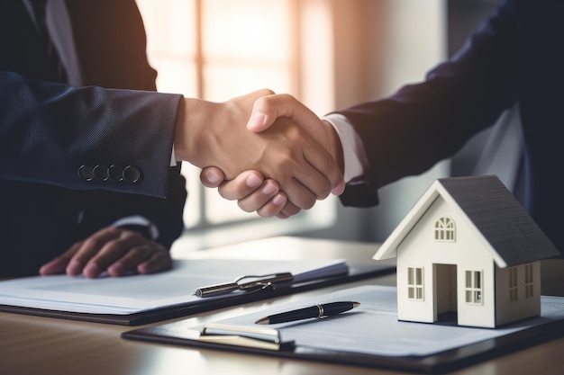 Estate agent shaking hands with buyer after signing the house contract Generative ai