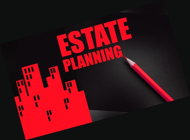 Estate planing and yellow pencil on dark background real estate\
business concept