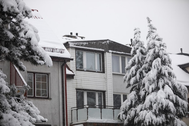 Estate of singlefamily houses covered with snow in winter time