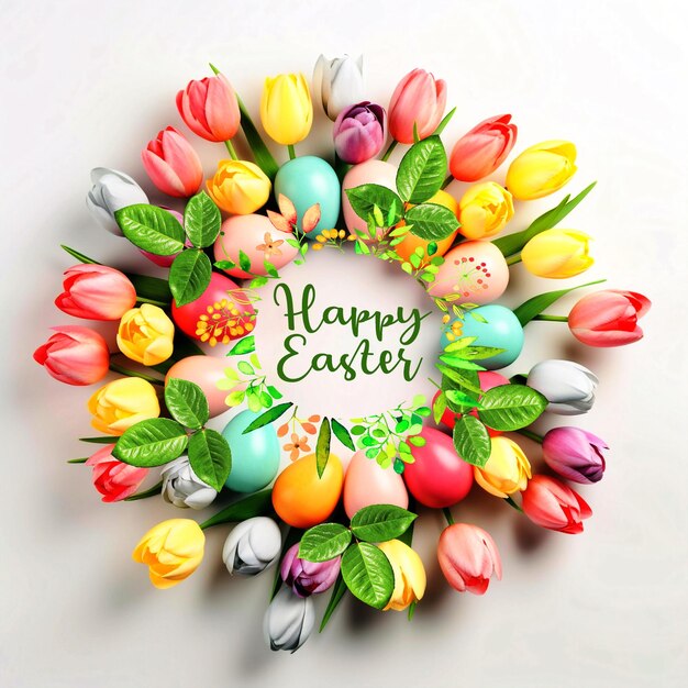 Ester eggs and flowers in circle shape on pastel colorful background greetings card concept