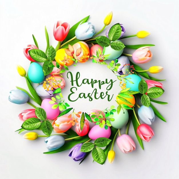 Ester eggs and flowers in circle shape on pastel colorful background greetings card concept