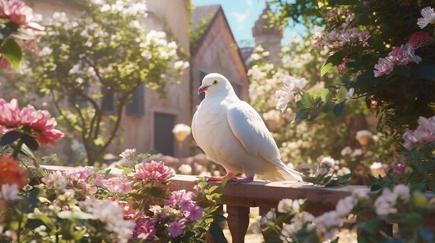 Esthetiek van de natuur Witte Duif in een bloementuin