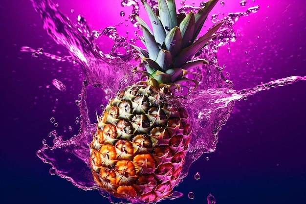 Esthetisch effect van ananasfruit dat onder water spettert in roze en paarse neonverlichting