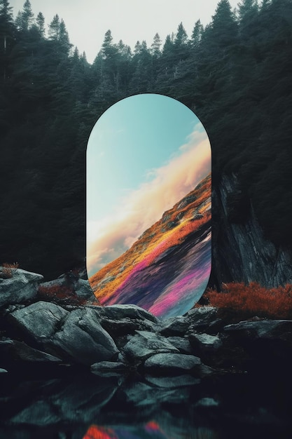 Esthetisch landschap met een psychedelische spiegel in de middelste afbeelding gemaakt met Generative AI
